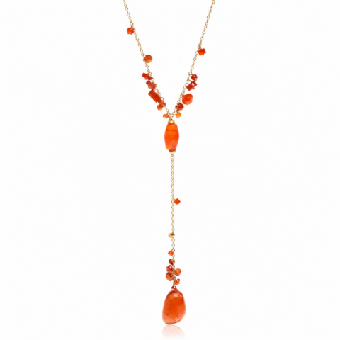 A delicate gold necklace with ancient carnelian gemstones, featuring a Y-shaped design. The focal point includes an elongated central bead and a teardrop gem.
