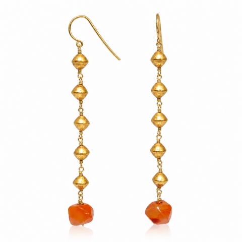 Long gold earrings featuring a series of five spherical ancient gold beads, ending with a faceted orange carnelian stone, creating an elegant and luxurious look.
