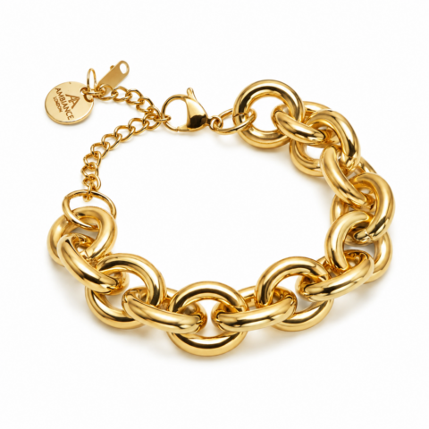 A gleaming gold plated chain bracelet featuring large, polished links and a small engraved Ancienne Ambiance London tag. The bracelet conveys elegance and luxury against a plain white background.