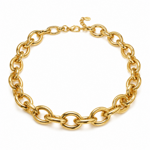 A shiny gold-plated chain necklace features large interlocking links with a small clasp. It exudes a luxurious and elegant feel against a white background.