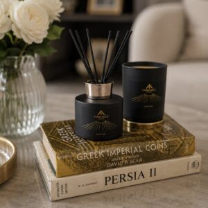 Black diffuser and candle labeled "Amarna Rose" sit on stacked books titled "Greek Imperial Coins" and "Persia II" beside a vase of white roses. Cosy and elegant.