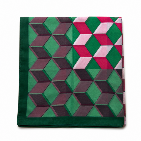 Abstract geometric pattern folded scarf in green, pink, and burgundy hues. Cubes create a 3D effect, bordered by a deep green edge.