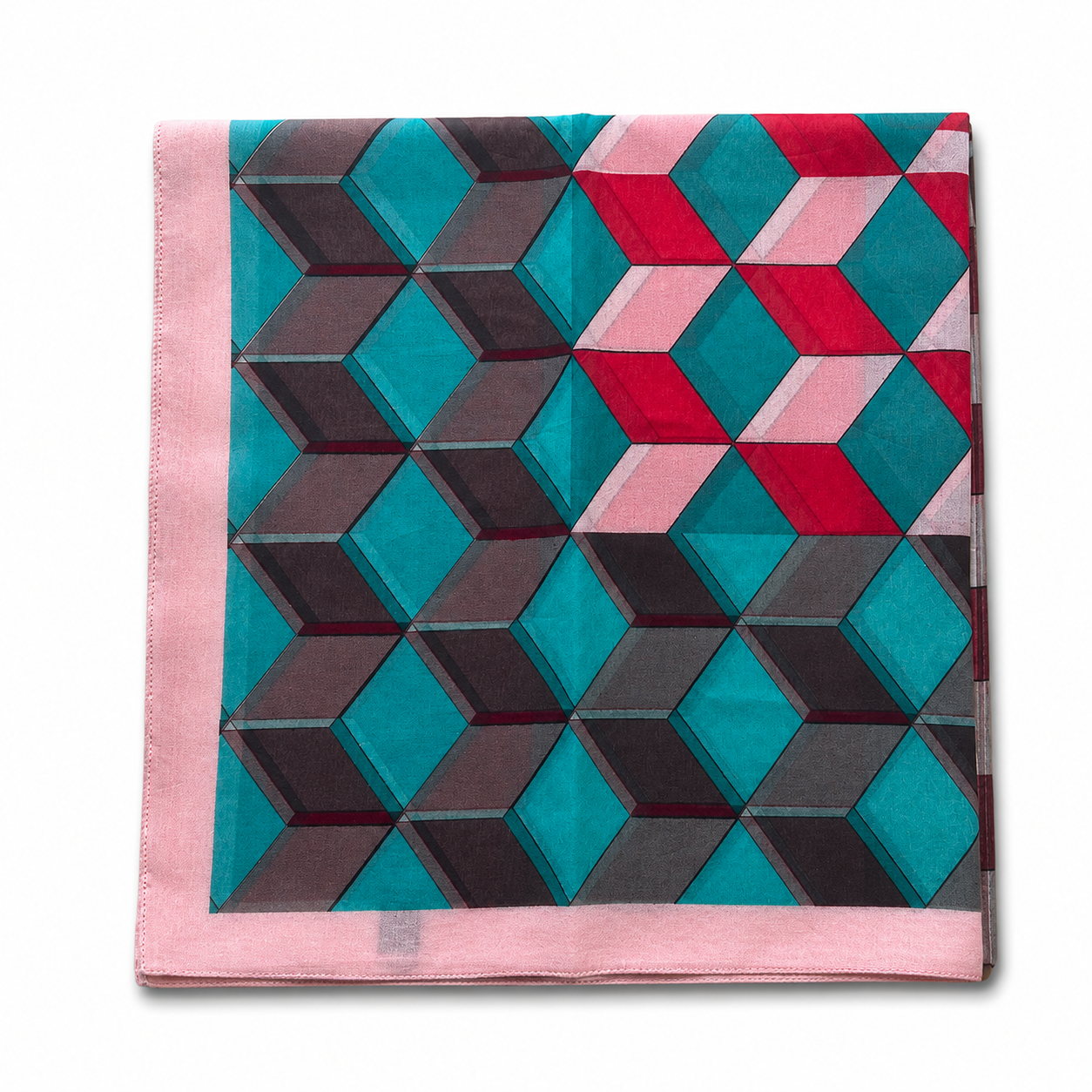 Folded geometric patterned cotton scarf with interlocking cubes in teal, pink, red, and black. It has a pink border, creating a vibrant, modern look.
