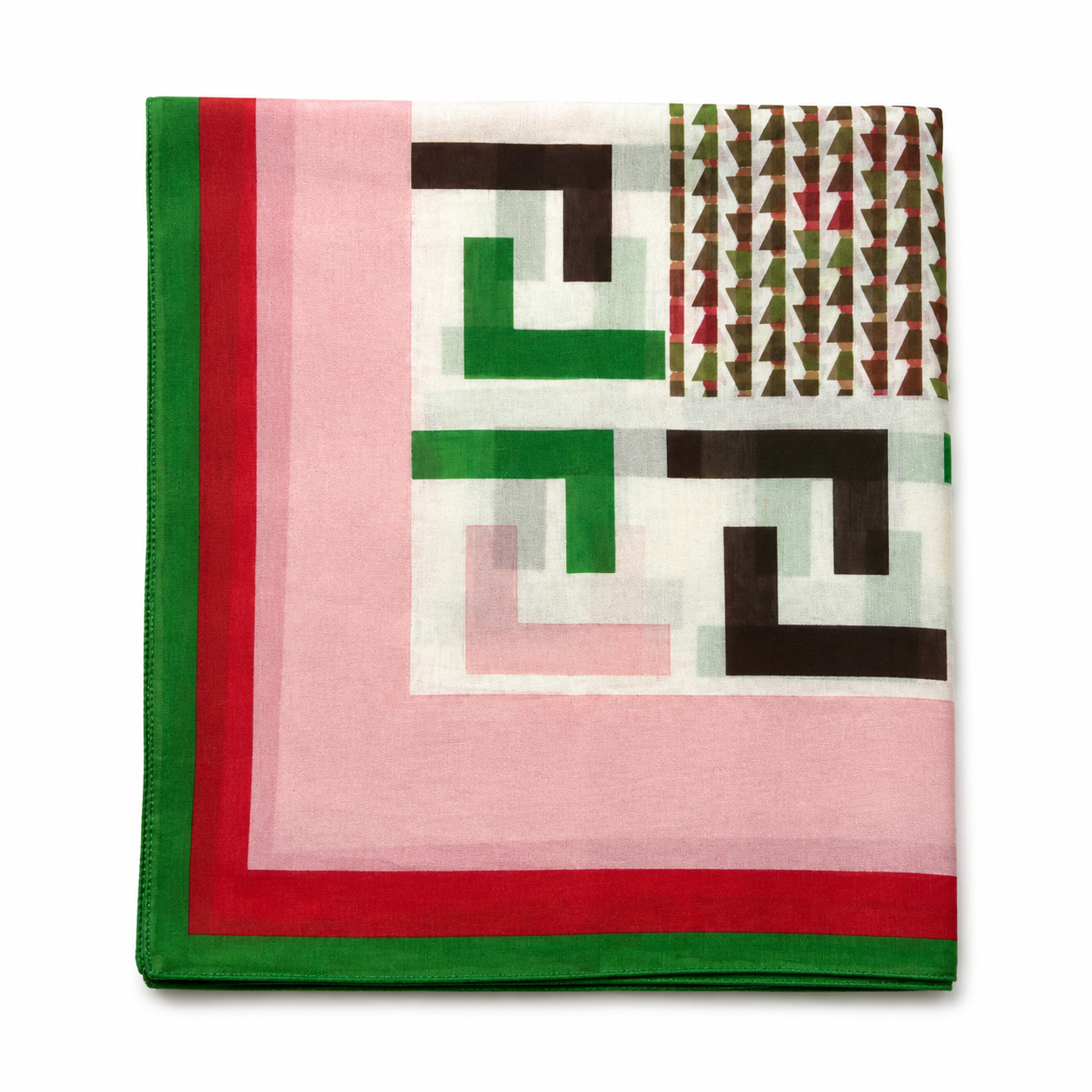 Folded cotton silk scarf with geometric patterns. Features green, red, black, and pink shapes on a white backdrop, bordered by green and red.