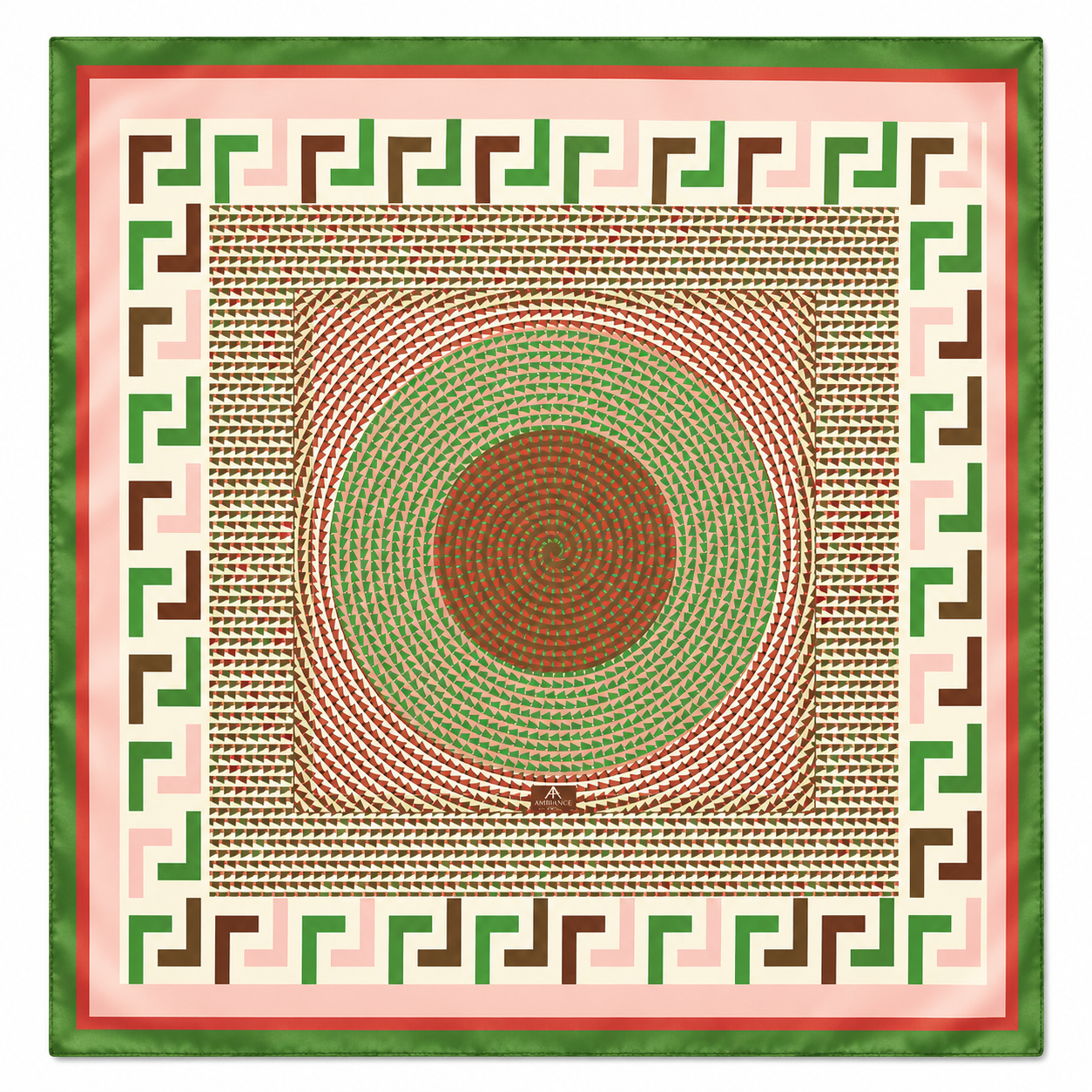 A vibrant square patterned scarf with Greek key border in green, red, and brown. Central swirling circles create depth. Bold and elegant geometric design.