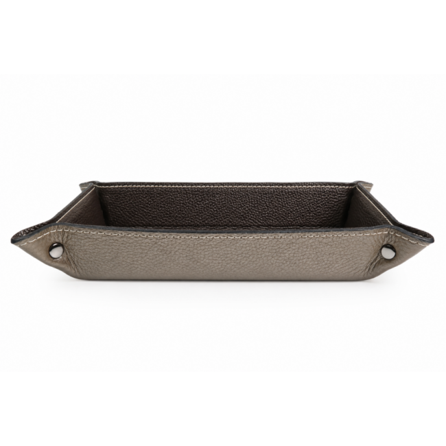 Taupe leather valet tray with dark brown interior, featuring white stitching and silver snaps at corners. Elegant and functional accessory.