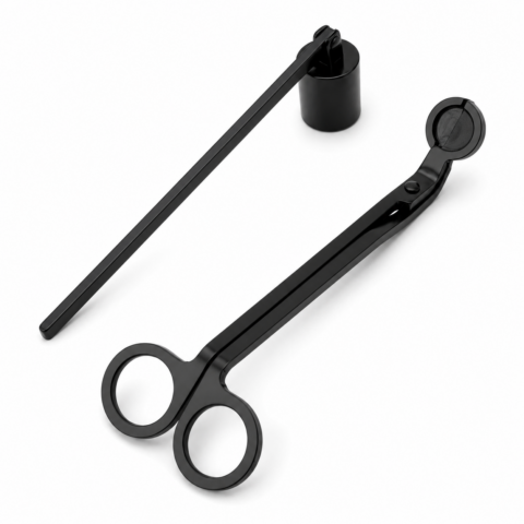 Sleek black candle snuffer and wick trimmer on a white background. Minimalist and elegant.
