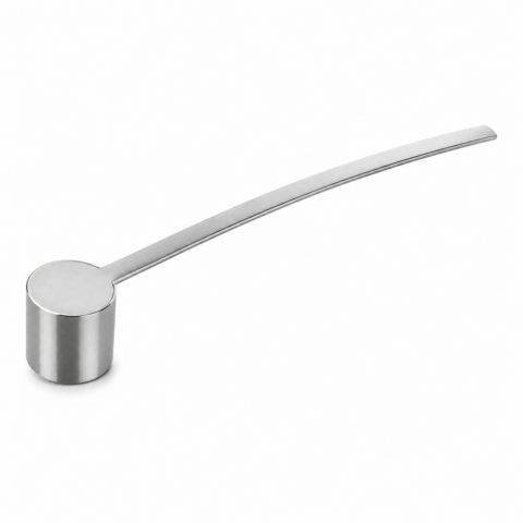 Sleek stainless steel candle snuffer with a long straight handle, set against a plain white background.