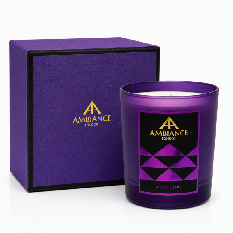 Purple candle and box with gold "Ancienne Ambiance London" logo. The box is elegant, highlighting luxury, while the candle label reads "Alteeneh Fig."