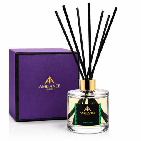 A fragrant diffuser with black reeds and a clear bottle labeled "Ancienne Ambiance London" in gold, next to a luxurious purple box, conveying elegance and sophistication.
