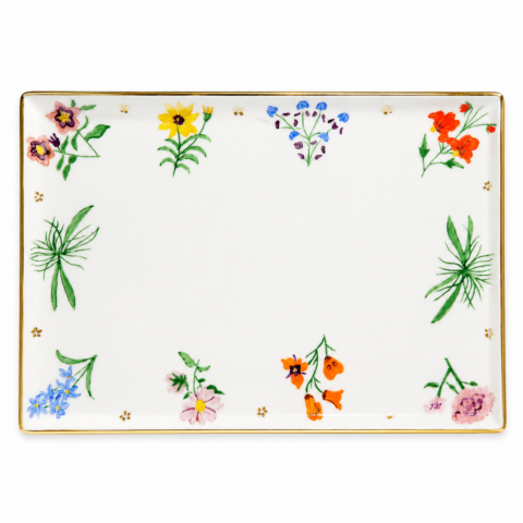 A rectangular porcelain platter with a gold rim features colourful floral motifs at the edges, including yellow, orange, pink, and blue flowers, creating a cheerful and elegant design.