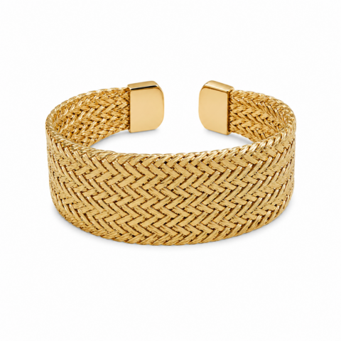 A gold cuff bracelet with a woven chevron pattern and smooth end caps. The shiny texture conveys elegance and simplicity against a white background.