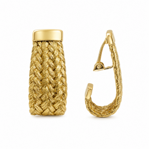 Gold clip-on earrings with a braided texture, one shown from the front and the other from the side. Elegant and sophisticated design against a white background.