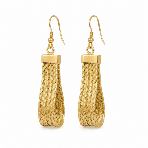 Elegant gold-toned dangle earrings feature a braided design with rectangular tops and hook fastenings, exuding sophistication and style.