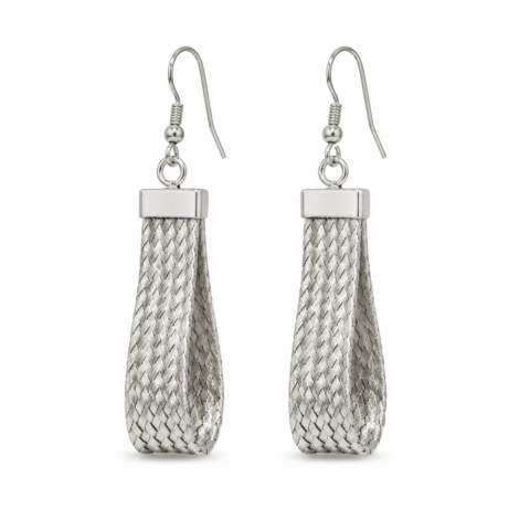 Silver braided teardrop earrings with polished hooks. The intricate weave pattern adds elegance, reflecting light subtly against a white background.