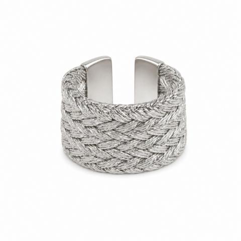 Silver braided ring with an open band design, featuring intricate woven texture. The ring exudes elegance and a modern aesthetic against a white background.