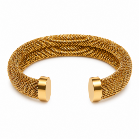 Gold woven bracelet with a thick mesh texture and polished end caps, forming an open circular shape. Elegant and modern design.