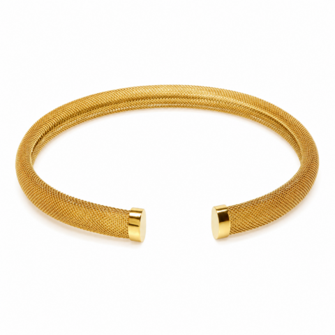 A gold torque necklace with a mesh texture and cylindrical ends is set against a white background, conveying elegance and simplicity.
