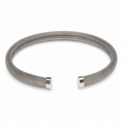 A silver mesh torque necklace with polished end caps, set against a plain white background, conveying elegance and modern simplicity.