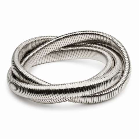 Silver coiled bracelet with three intertwined loops, creating an elegant, modern design. The shiny metal reflects light, adding a polished look.