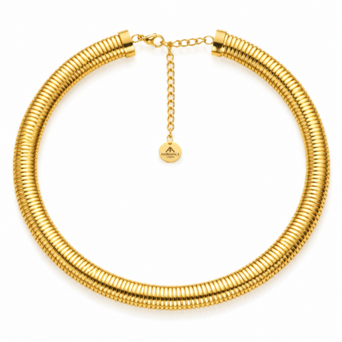 A shiny gold choker necklace with a coiled, tubular design and adjustable chain closure. The pendant has an inscription, creating a luxurious feel.