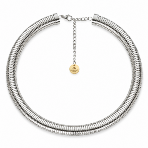 Silver coil choker necklace with adjustable chain closure, displayed on a white background. The design is sleek and modern, exuding elegance.