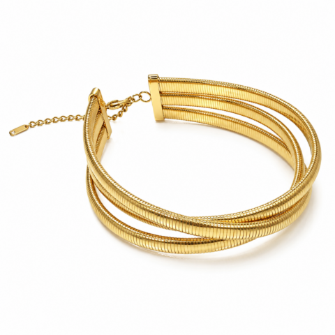 Elegant gold choker necklace featuring three interwoven, textured strands with a polished finish. The clasp includes a chain for adjustable sizing.