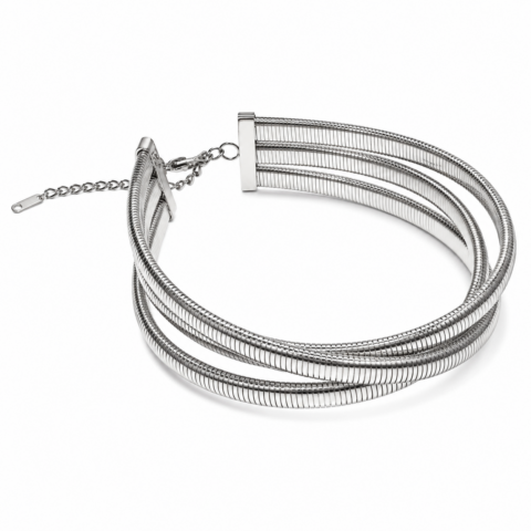 Elegant silver choker necklace featuring three interwoven, textured strands with a polished finish. The clasp includes a chain for adjustable sizing.
