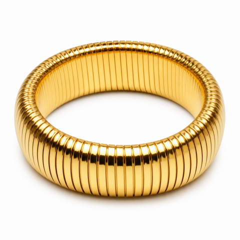 A shiny, ribbed gold bracelet forming a perfect circle, set against a white background. The bracelet has a polished, luxurious appearance.