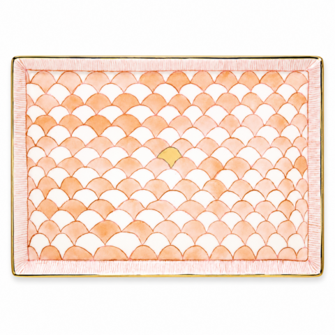 Rectangular porcelain tray with scalloped peach patterns and subtle gold accents. The sleek border adds elegance, evoking a sense of refined artistry.