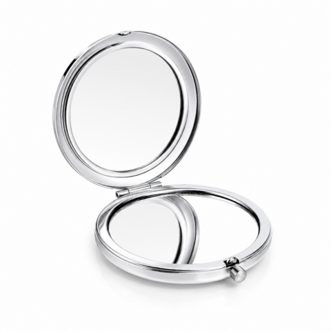 Open silver compact mirror with two round reflective surfaces, standing upright. The mirror's shiny finish creates a sleek, elegant look.