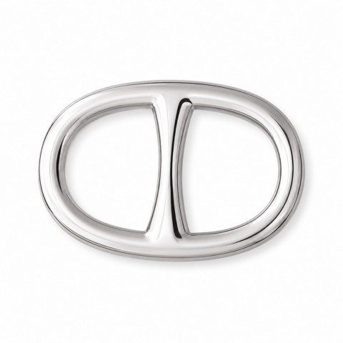 Silver, oval-shaped metallic scarf ring with a central vertical bar on a white background, reflecting a sleek, modern design.