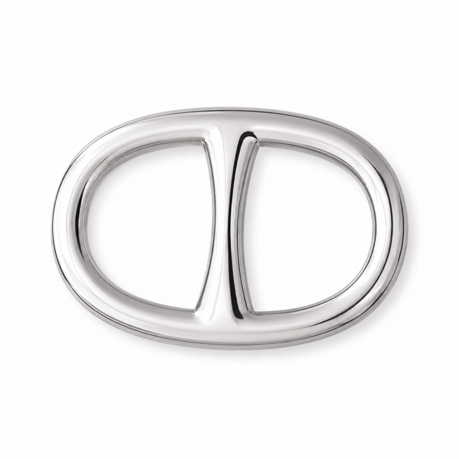 Silver, oval-shaped metallic scarf ring with a central vertical bar on a white background, reflecting a sleek, modern design.