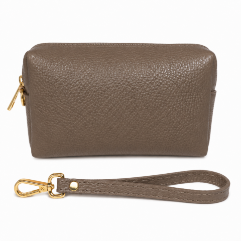 Bellezza bag in Travertine Taupe leather with detachable wristlet strap and gold hardware.