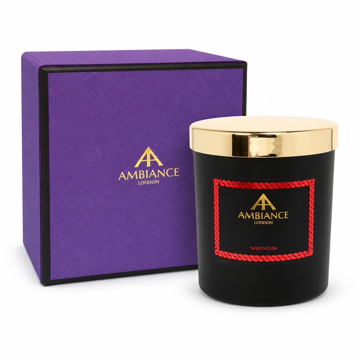 Navitatum scented candle by Ancienne Ambiance London in a matte black vessel with a polished gold lid beside the signature purple luxury gift box.