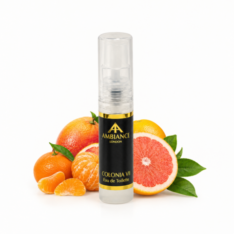 A sample bottle of Ancienne Ambiance London Colonia VII Eau de Toilette with a black and gold label, surrounded by vibrant oranges, tangerines, and grapefruit, suggesting a citrus fragrance.