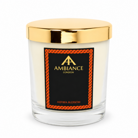 Assyria Blossom luxury scented candle by Ancienne Ambiance London in a clear glass vessel with a polished gold lid, shown on a white background.