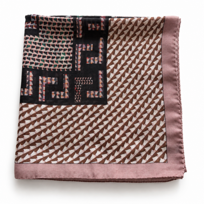 - Greco Romana Travertine 140cm wool-silk scarf featuring geometric motifs in brown, ivory, black and muted rose, with a dusty taupe border.